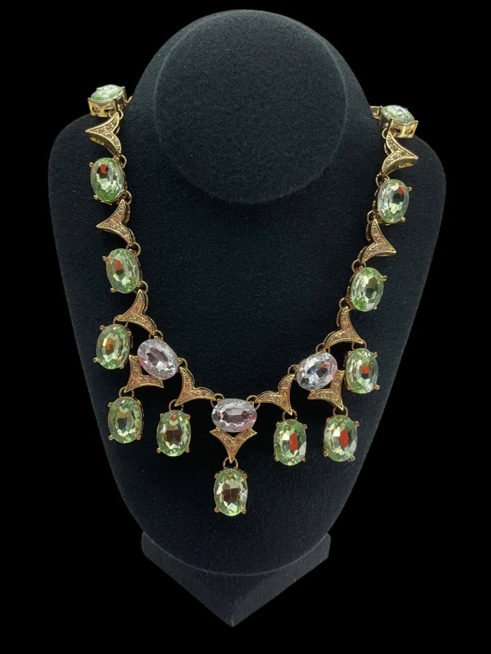 Vintage 60's Arnold Scaasi Cn Signed Gold-Tone Necklace Green Clear Crystals Adj - Picture 6 of 11